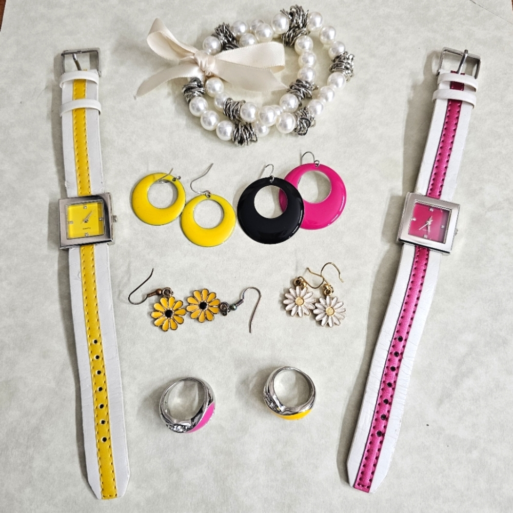 Vintage Jewelry Lot Of 14 Pieces Earrings Rings Watches Bracelets Pink & Yellow